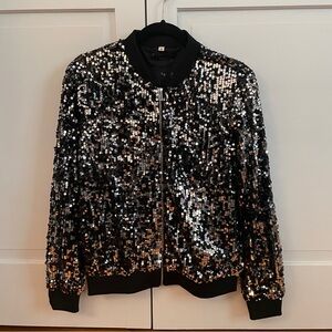 Glamorous Sequin Bomber Jacket - Black and Silver